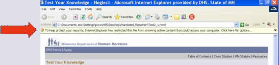 Top of Internet Explorer Web page with arrow pointing to the restriction warning